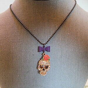Rose and Bow Crystal Skull Necklace